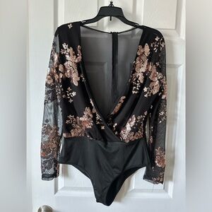 Elegant Black and Gold Floral Bodysuit